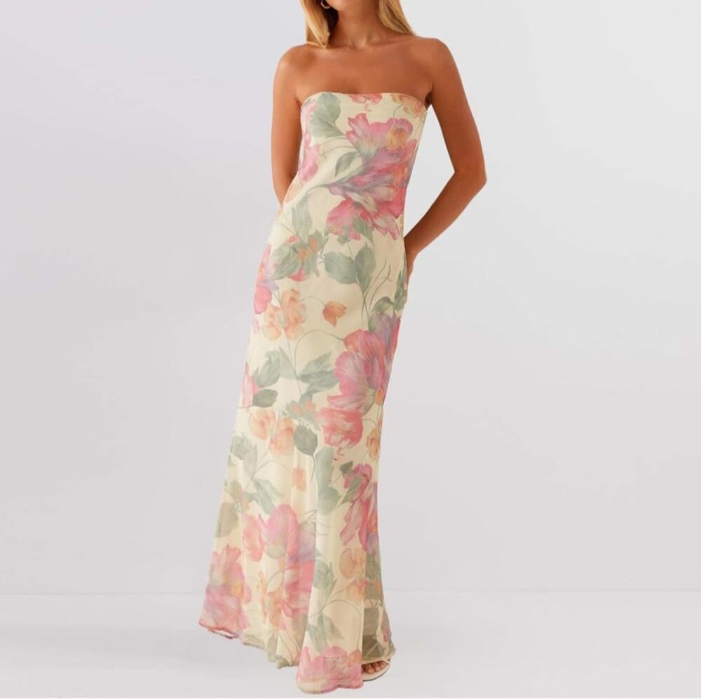 #266 NWOT MSRP $40 ACOSAP Y2K FLORAL STRAPLESS MAXI DRESS ♡ SIZE L ♡